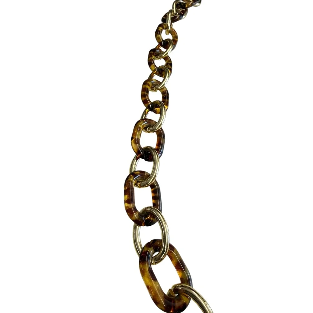 Tortoise Shell Chunky Chain Link Necklace‎ Gold Tone Adjustable Statement Brown